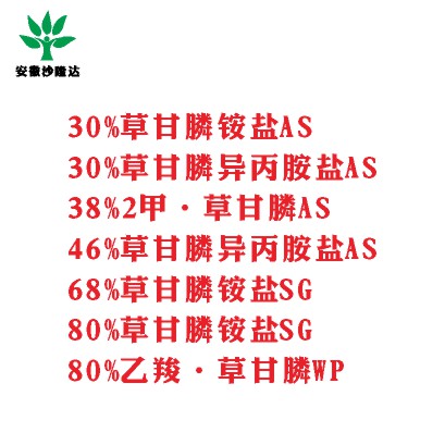 30%草甘膦銨鹽AS， 30%草甘膦異丙胺鹽AS， 38%2甲·草甘膦AS， 46%草甘膦異丙胺鹽AS， 68%草甘膦銨鹽SG，80%草甘膦銨鹽SG ，80%乙羧·草甘膦WP